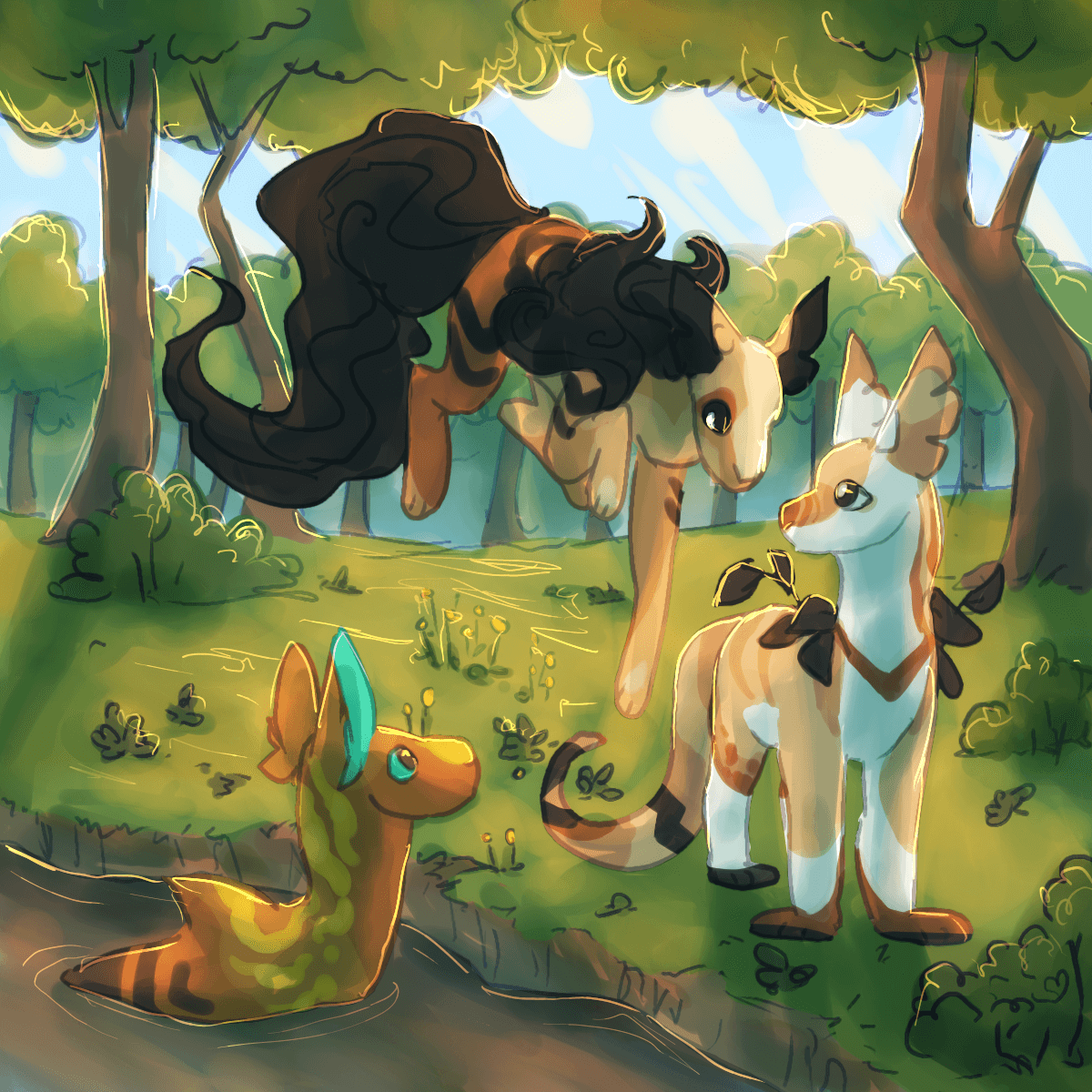 a drawing of joan, jester, and jax by a river in a forest. joan, a brown gecctail with golden stripes and turquoise accents, is swimming in the river. jester is floating, and jax, a white and tan gecctail with dark leaves sprouting from their back, is standing beside them.