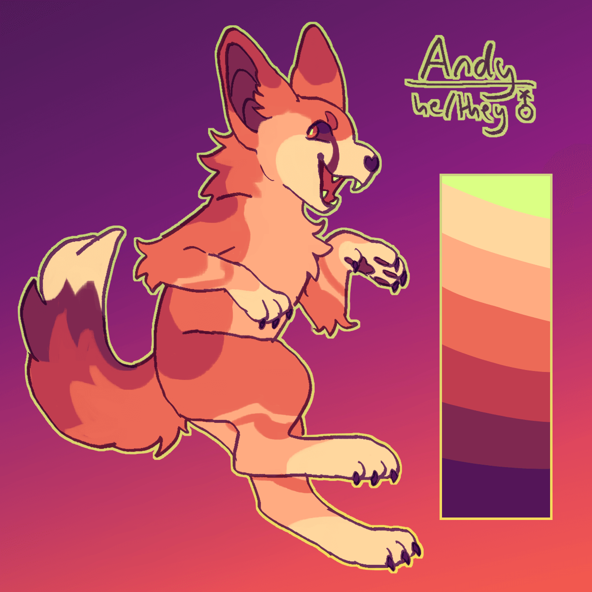 an anthro fennec fox in shades of orange. he has dark sclerae with bright pupils. the image includes his color palette.