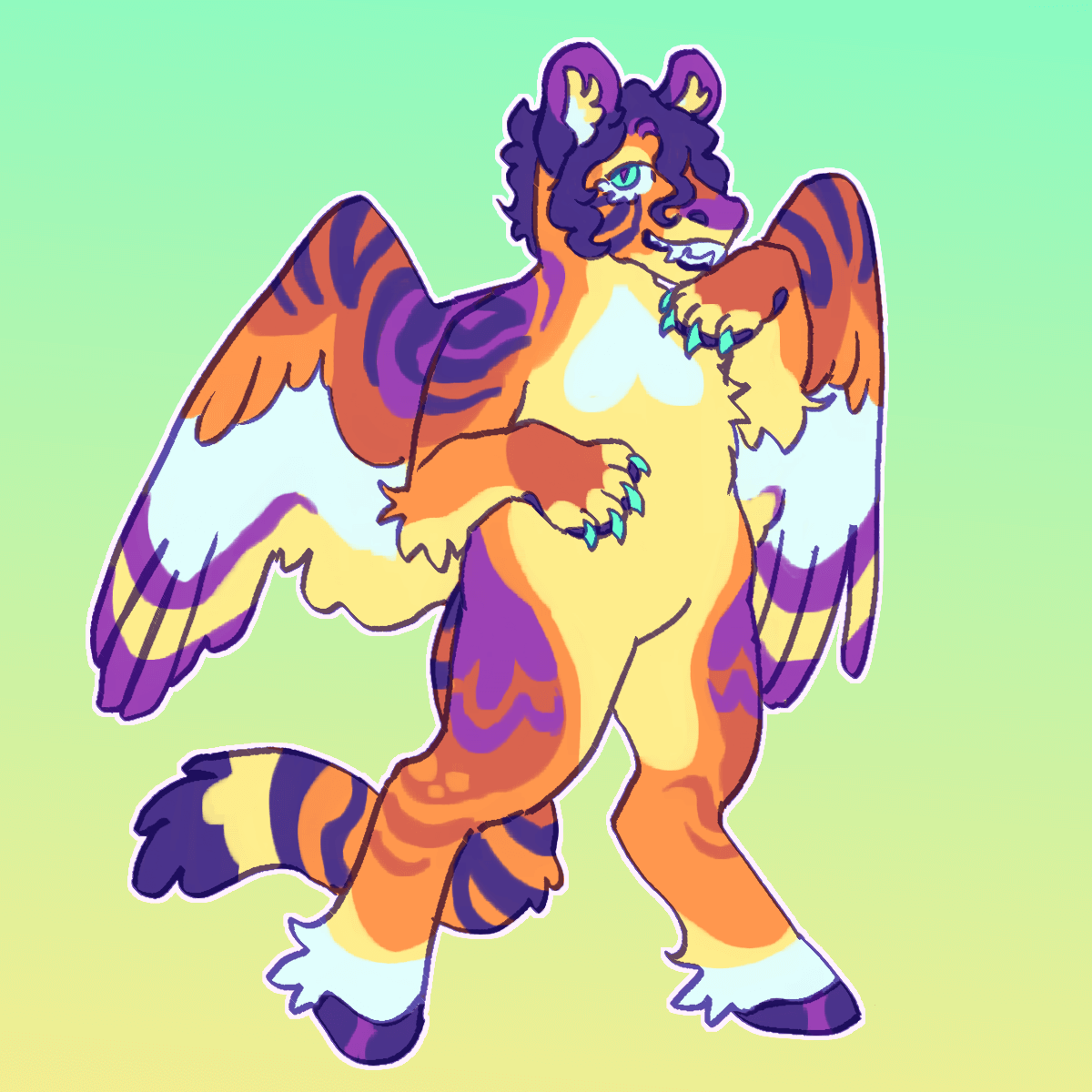 an anthro tiger-pegasus with an orange and purple color scheme. she has turquoise claws on her forepaws and hooves for feet. she also has wings and a tiger tail.