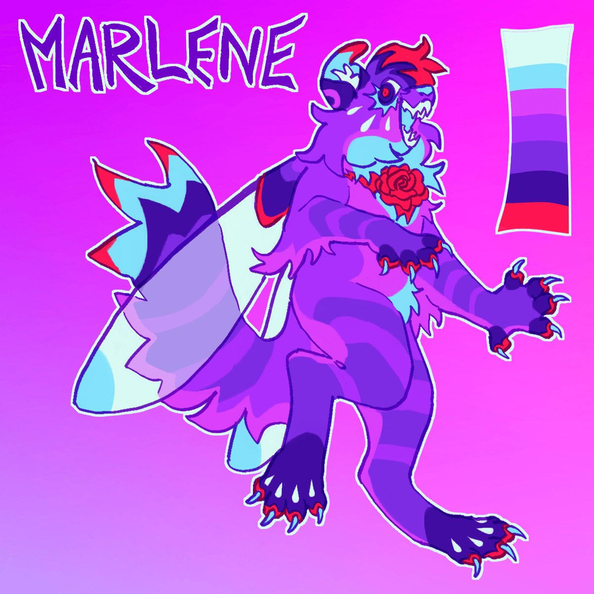 a purple and magenta striped anthro cat with light blue and red accents, as well as fly wings. she has a jagged cut on her throat with a rose growing out of it. the image also includes her color palette.