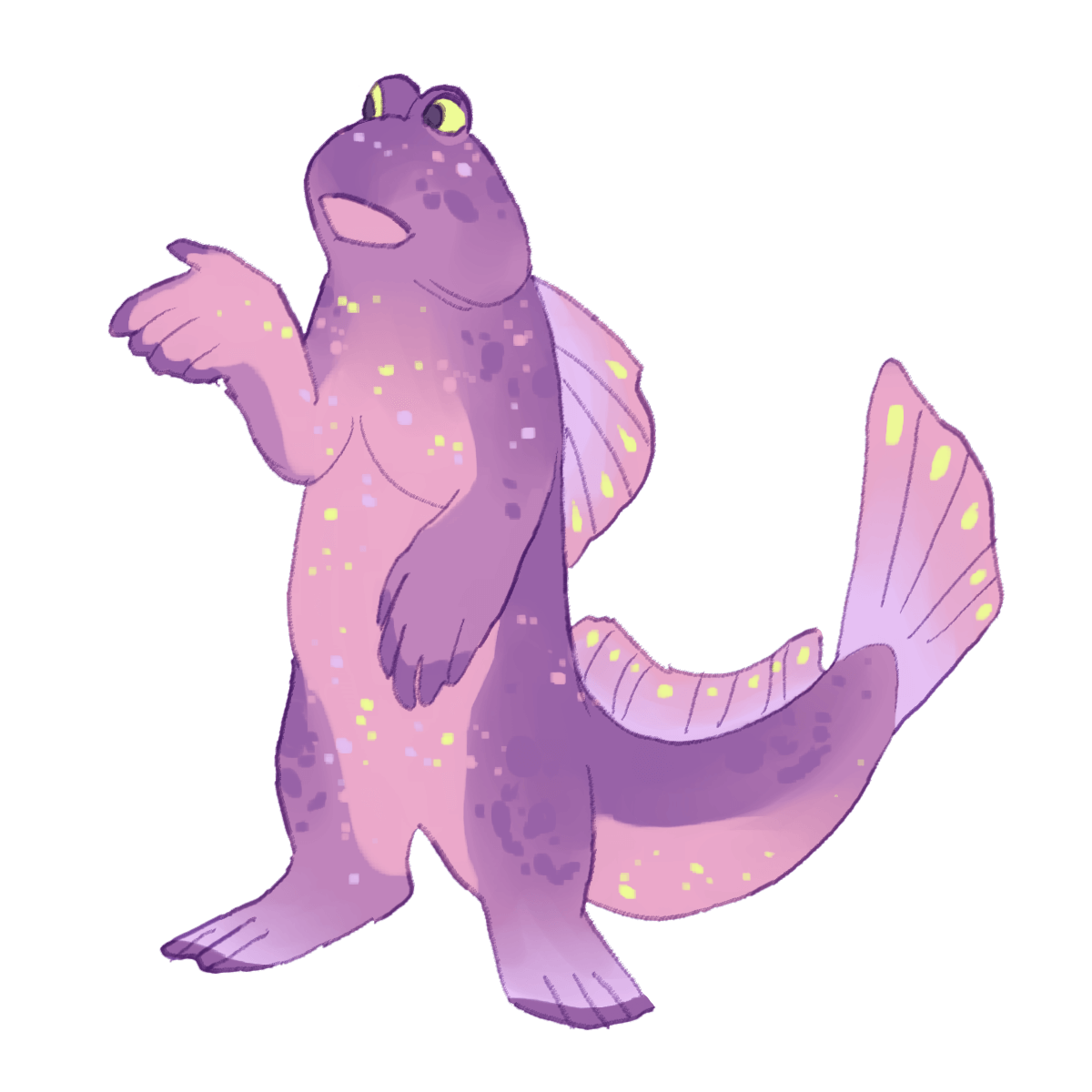 a purple and pink anthro mudskipper with yellow spots and eyes.