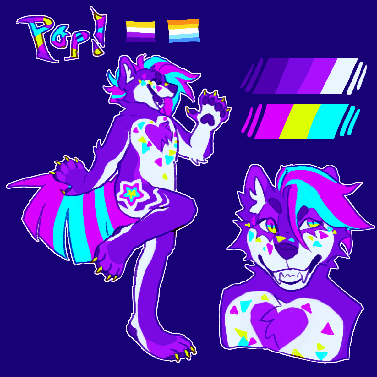 a purple and white anthro dog with magenta and cyan hair, as well as yellow, magenta, and cyan triangular spots. the image shows a fullbody and a headshot of them. it also includes their color palette, as well as a nonbinary and an aroace flag.