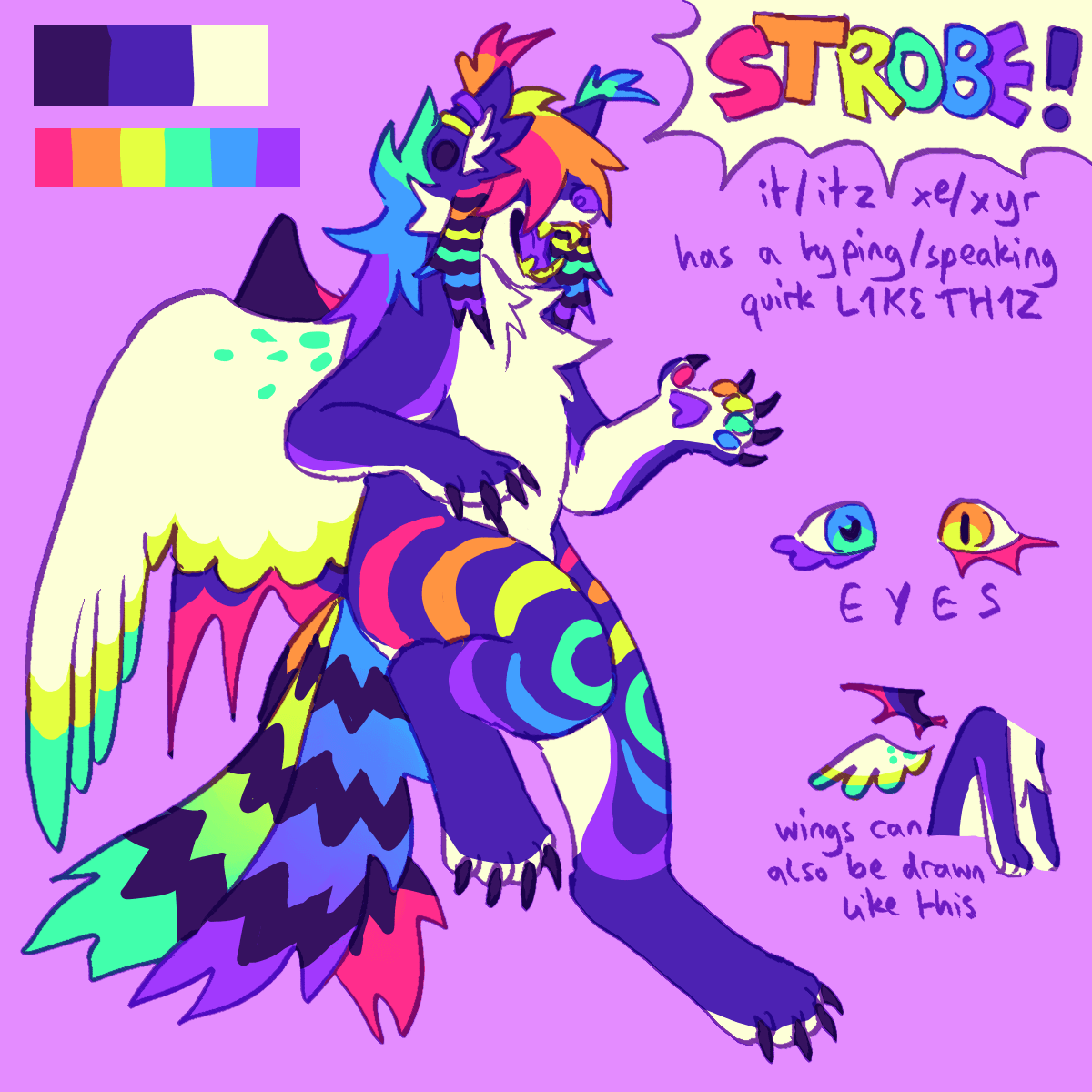 a blueish purple and white anthro wolf with rainbow hair that falls over xyr eyes, rainbow stripes, and three tails in various colors. it also has one angel wing and one demon wing. the image includes its color palette, as well a close up of xyr eyes and simplified versions of its wings.