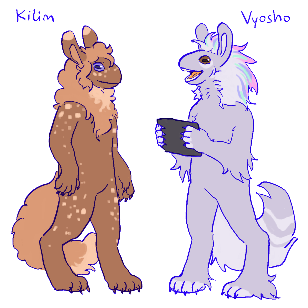 two characters. the one on the left is a medium brown venlil with a curly mane, lighter brown spots all over her body, and grayish blue eyes. she is labeled 'kilim'. the one on the right is a light gray venlil with brown eyes holding a datapad. the front of their mane has been shaved off, the back has been dyed at the tips. they are labeled 'vyosho'.