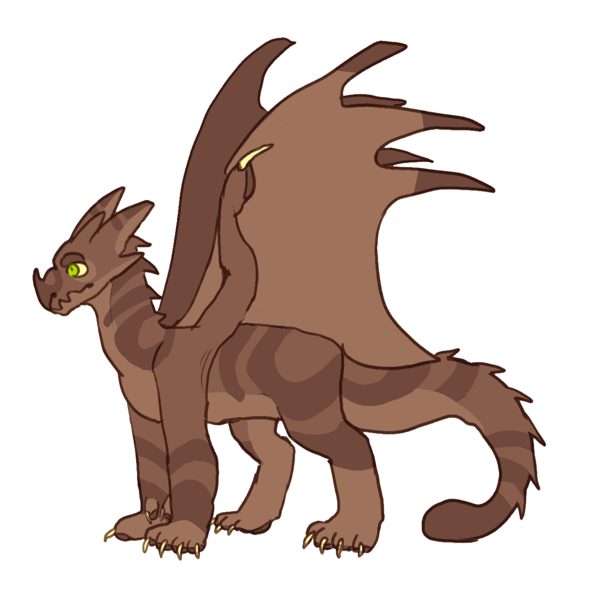 a brown striped dragon with many spikes on her head and back. she has green eyes.