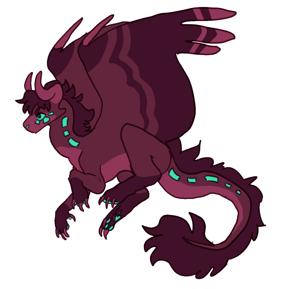 a dark wine-red dragon with folded horns, a mane along their back and tail, and cyan eyes and glowing markings.