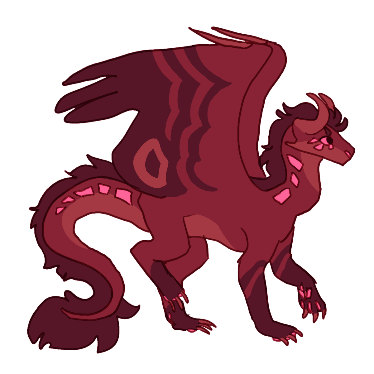 a dark red dragon with folded horns, a mane along her back and tail, and pink eyes and glowing markings.