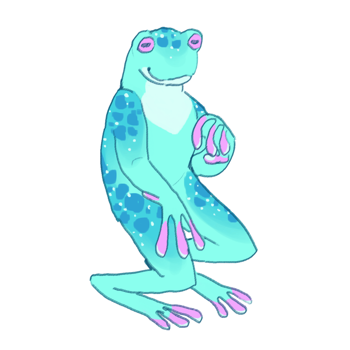 a cyan anthro frog with purple eyes and fingers.