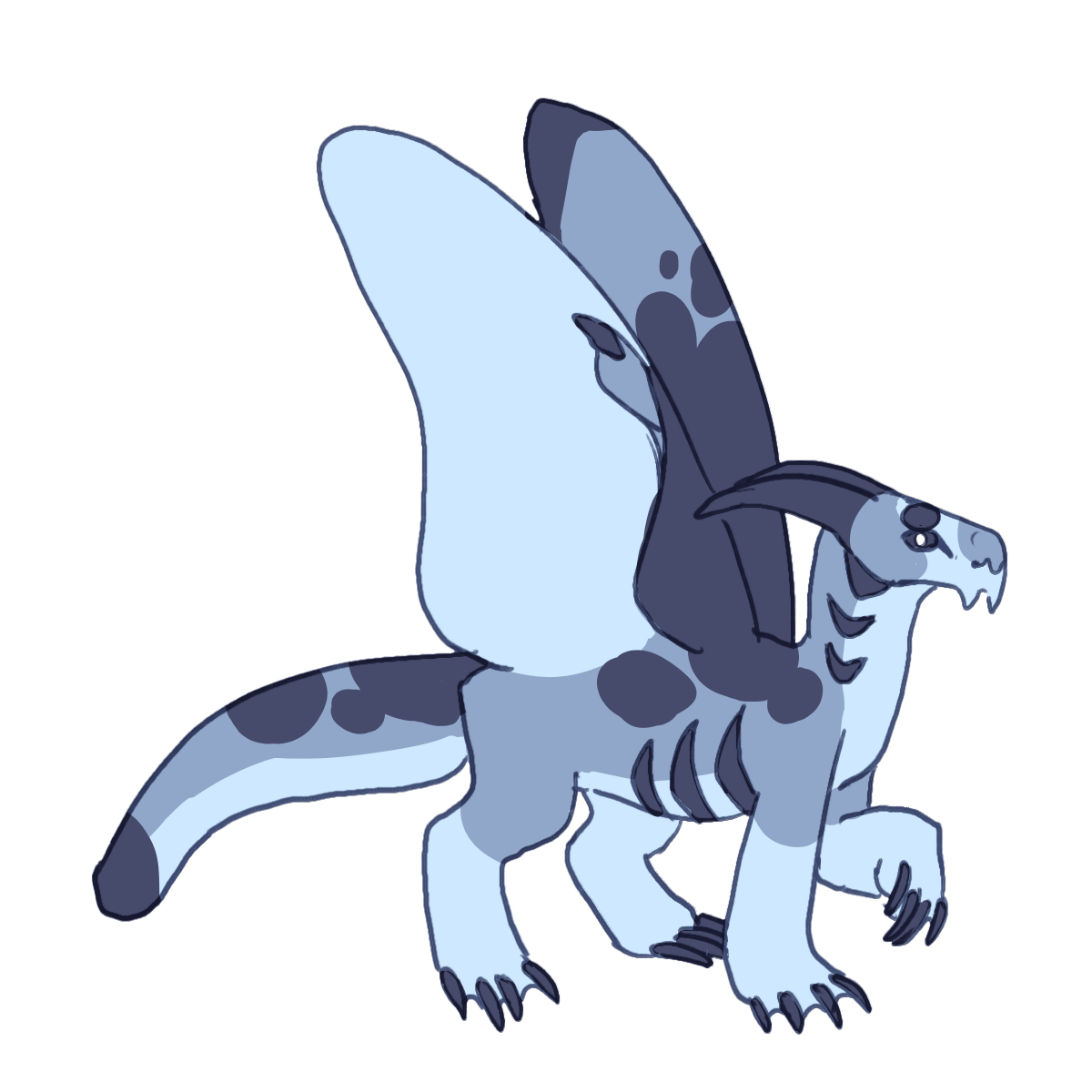 a bluish gray dragon with darker splotches along his back. he has gills and webbed toes. his eyes have dark sclerae and white pupils.