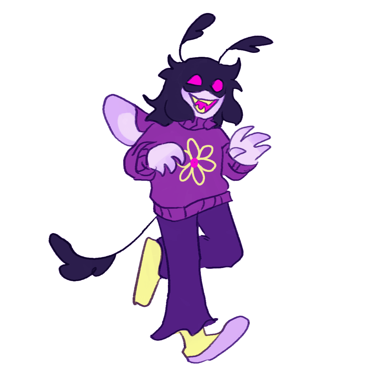 a picture of an inchling, a small bug-like humanoid, with pale purple skin, dark hair, and magenta eyes. they are wearing clothes in various shades of purple and yellow.