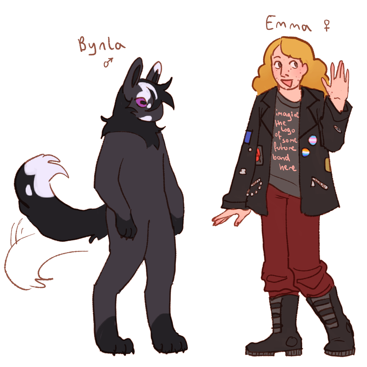 two characters. on the left is a black venlil with white patches and violet eyes. he is labeled 'bynla'. on the right is a human with light skin, golden blonde hair, and freckles. she is wearing a t-shirt with the text 'imagine the logo of some future band here', a dark leather jacket with patches and pins, including a trans pin and an aroace pin, dark red pants, and boots. she is labeled 'emma'.