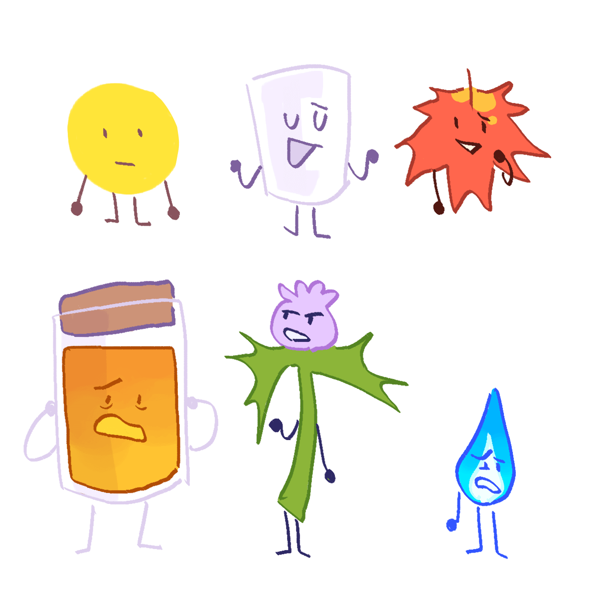 six object show characters. from left to right, top to bottom: a yellow circle, an empty glass, a red maple leaf with splotches of yellow, a honey jar, a thistle plant, and a blue flame with only one arm.