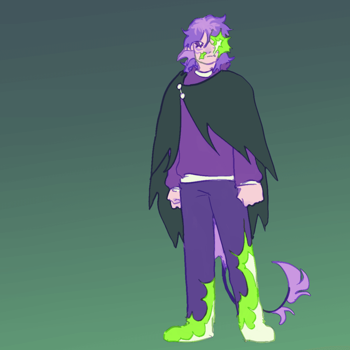 a humanoid with pale purplish skin and hair and clothes in shades of purple. the left side of their face is a melted mess of glowing green. their legs are also engulfed by green. their tail has bits of its tuft missing. they are wearing a dark green cloak.