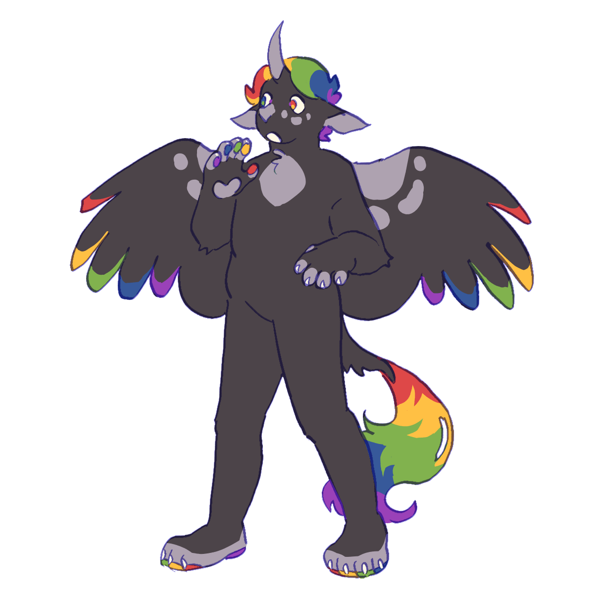 a picture of a character with dark gray fur with lighter markings, a unicorn horn, and feathery wings. she has rainbow hair and feathertips.