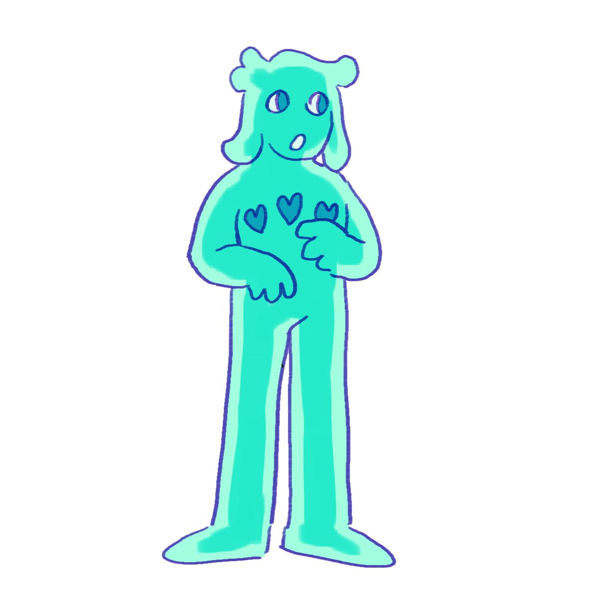 a picture of a turquoise slime person. they have three hearts floating inside their chest, showing that they are at full health.