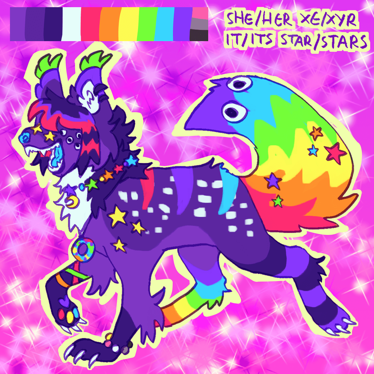 a purple sparkledog with stripes, spots, face stickers, bracelets, and a rainbow worm on a string for a tail.