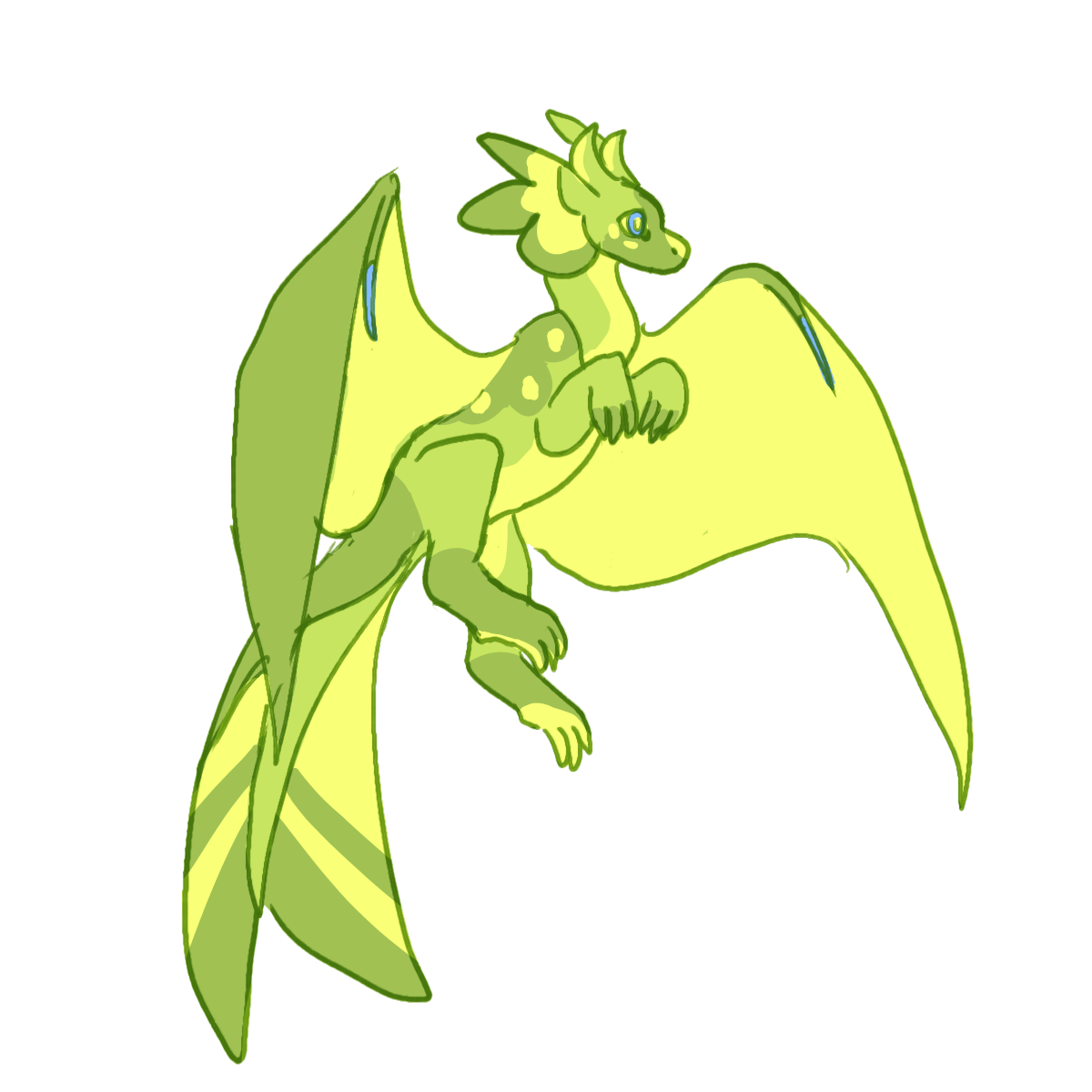 a green dragon with ear frills and tail sails. she has blue eyes.