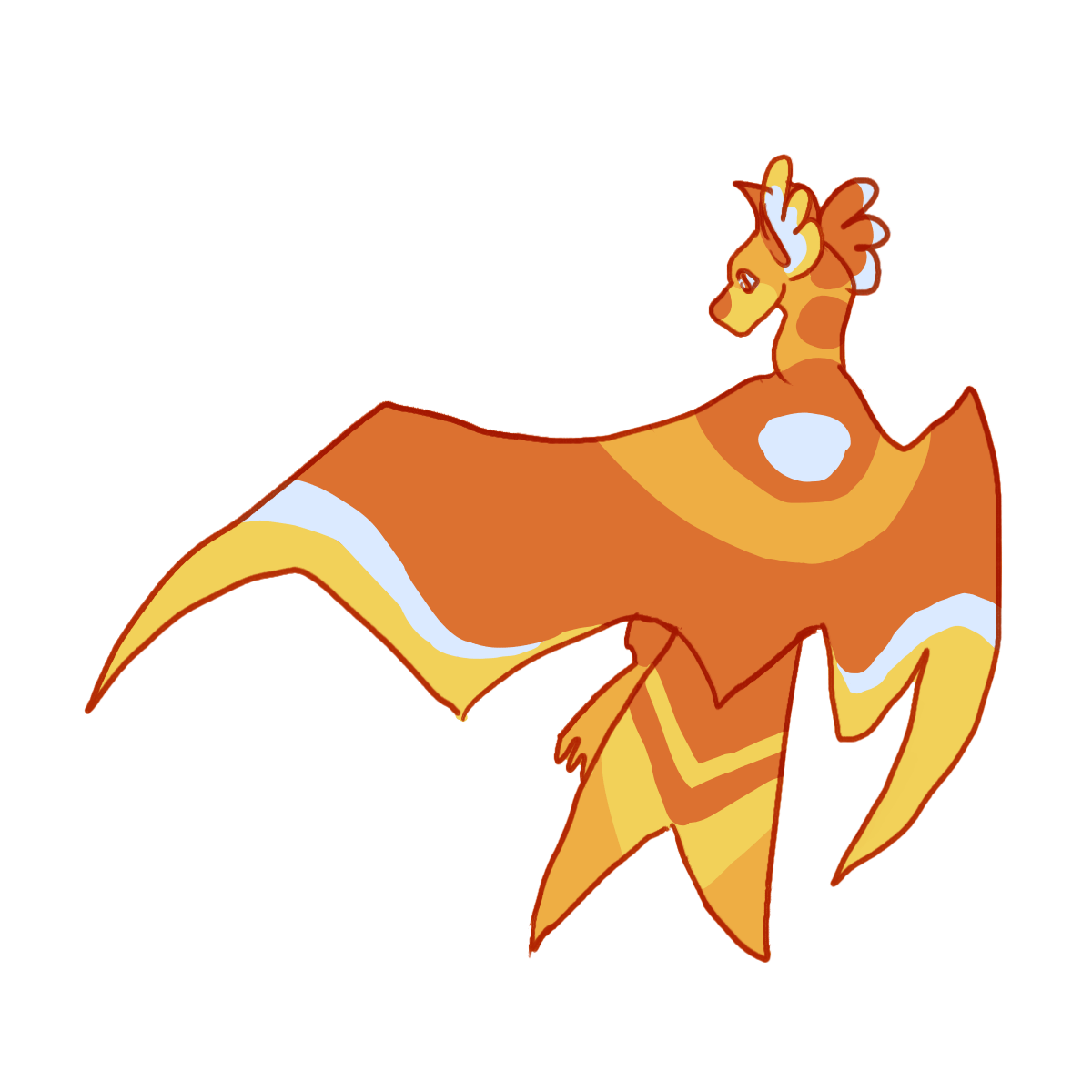 an orange and pale blue dragon with ear frills and tail sails. he has orange eyes.