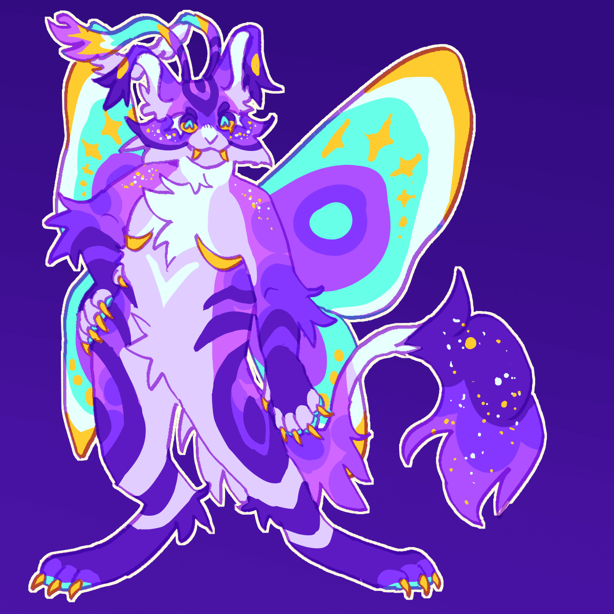 an anthro cat with moth wings and feelers. it has floppy ears, a fluffy tail tip, and top surgery scars. its color scheme is mostly purple with cyan and gold accents.