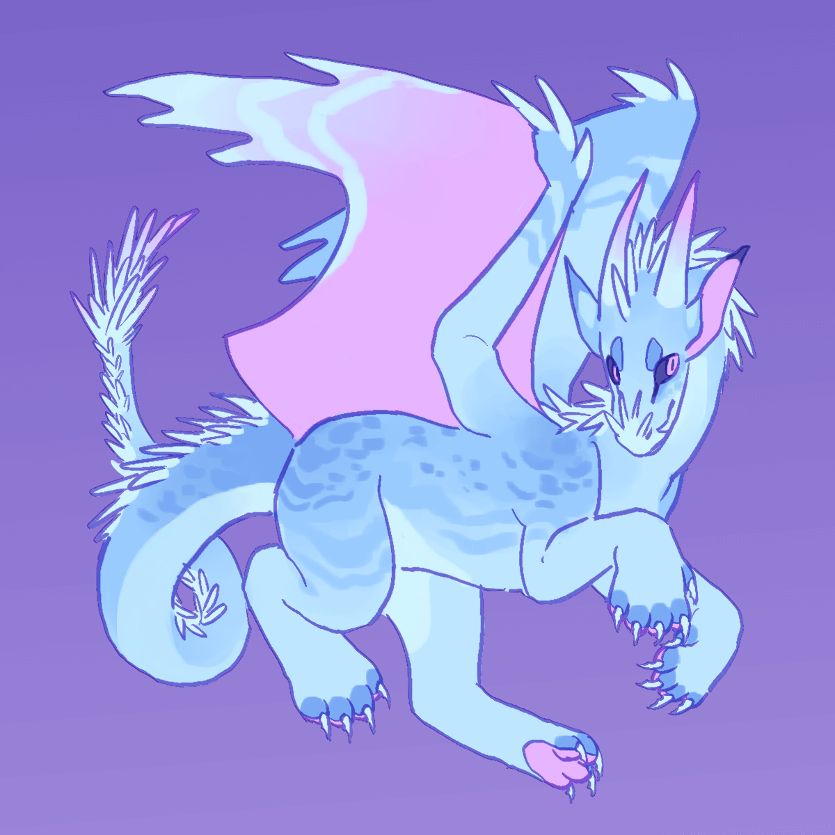 a light blue icewing dragon with light purple eyes, wings, and accents. it has faint stripe and spot patterns.