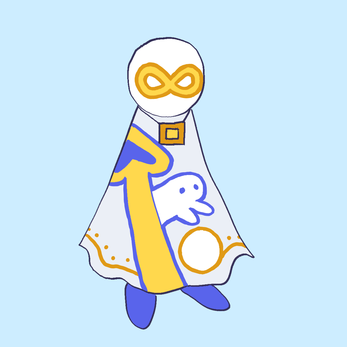 a cloaked humanoid figure. on its face is an infinity symbol, it wears a necklace with a square pendant, and its cloak has images of an upward arrow, a minimalistic animal, and a circle on it. its color scheme is white, gold, and blue.