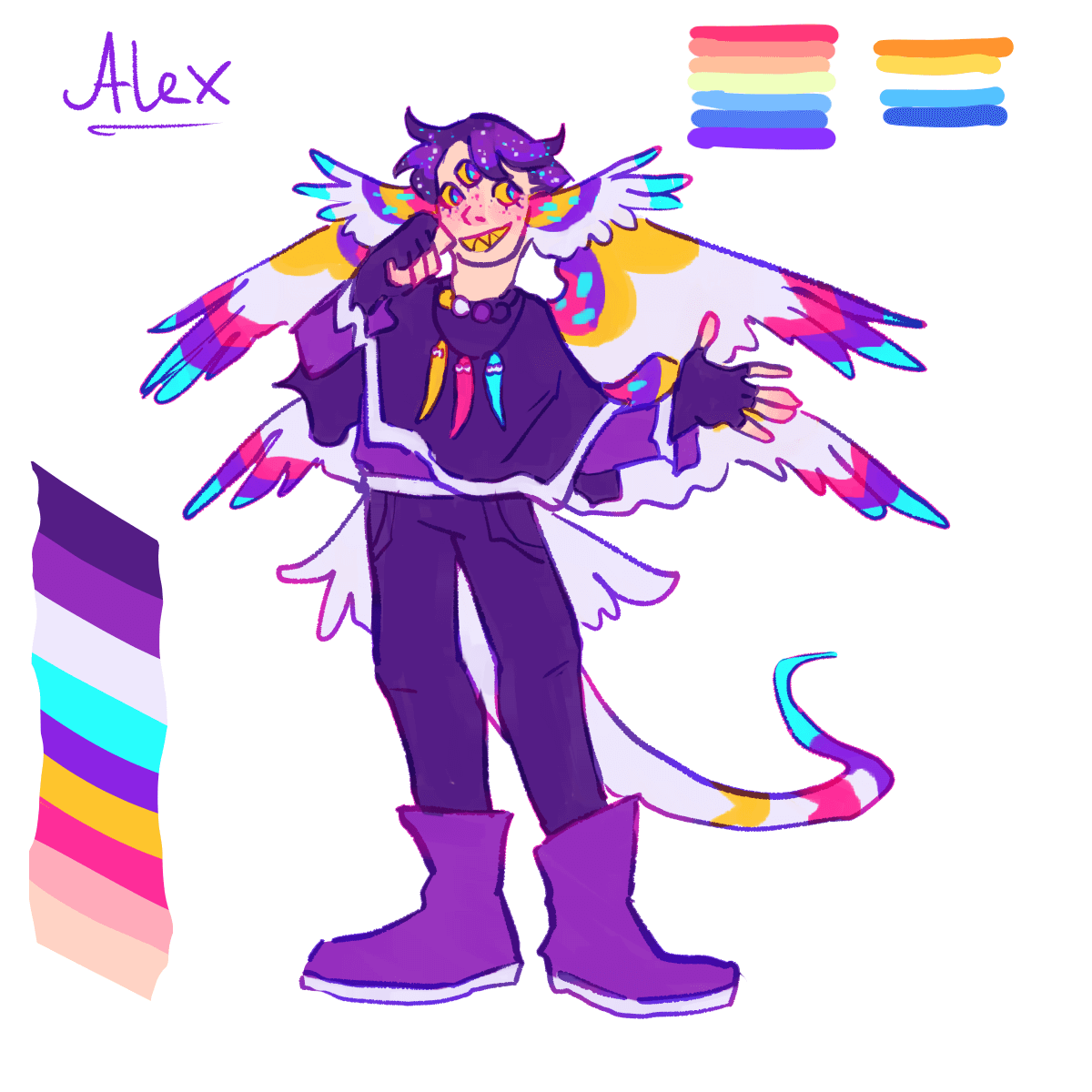 a humanoid being with three eyes, wing ears, two pairs of wings on the back, and a tail. their wings are colorful, their clothing is purple.