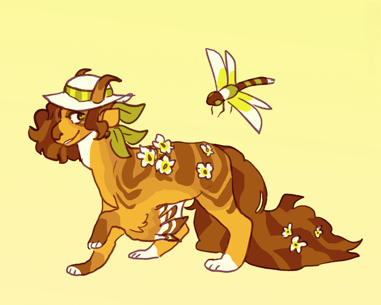 a golden-brown striped runewing with a brown mane and tail, wearing a white hat. white flowers sprout from her body. her familiar is a dragonfly.