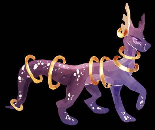 a purple gecctail with white spots and golden floating rings around her body.